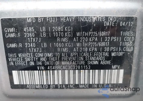 2012 Subaru Outback 2.5I from USA, damaged, VIN 4S4BRCAC3C3281153